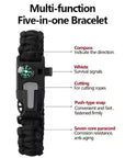 Multi-function five-in-one bracelet with compass, whistle, and cutting tool features.