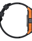 The Op Gear Armour - Smart Watch in black is shown from the side, featuring two bold orange textured buttons and a black strap with metal buckle—ideal for an active lifestyle.