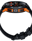 The Op Gear Armour - Smart Watch is black with orange-accented side buttons, a round digital display for time, date, weather, and health stats. Its rugged build and adjustable strap suit any active lifestyle.