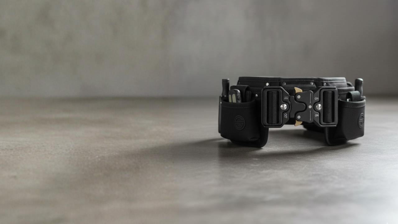 Tool belt with pouches sitting on a flat surface