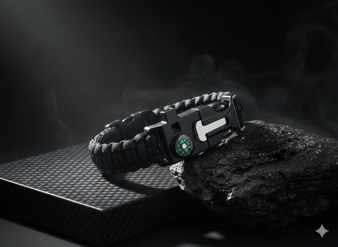Black survival bracelet in a dark setting with a rock on foreground 