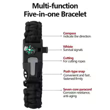 Multi-function five-in-one bracelet with compass, whistle, and cutting tool features.