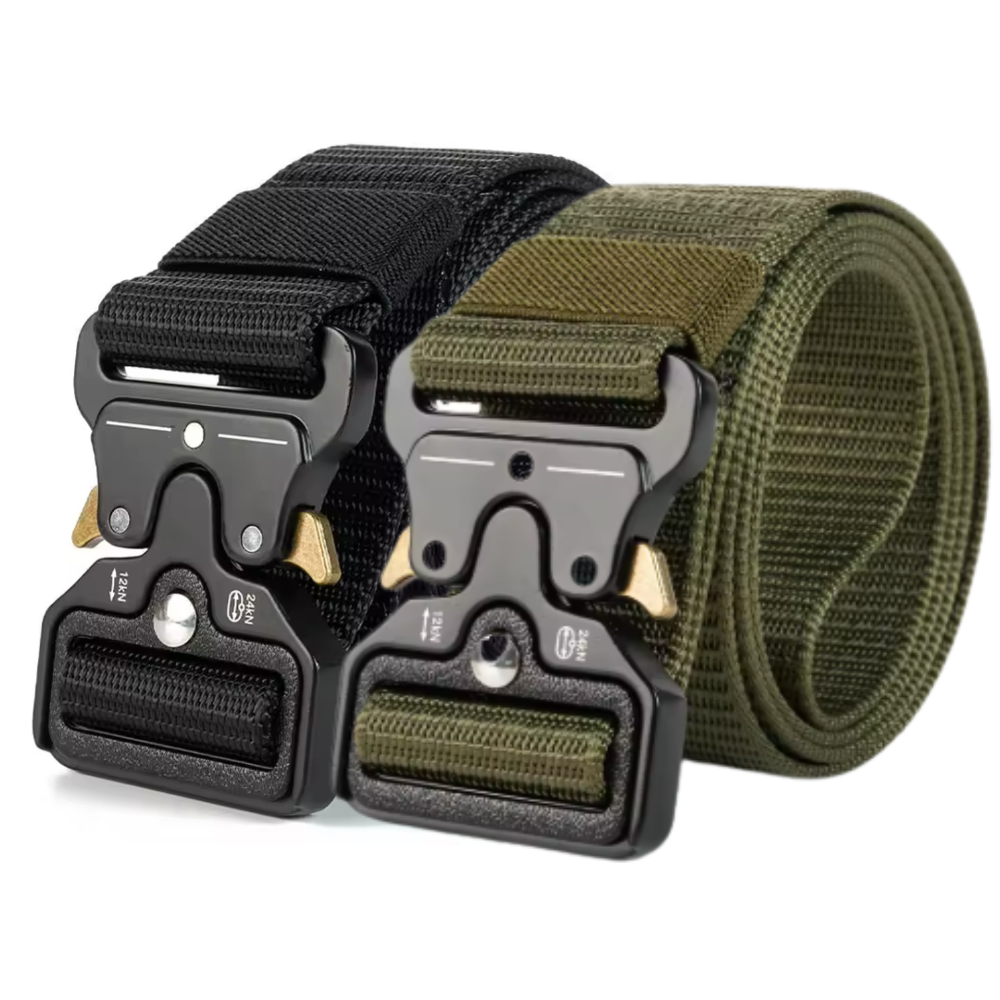 Two tactical belts, one black and one green, with buckle mechanisms on a white background.