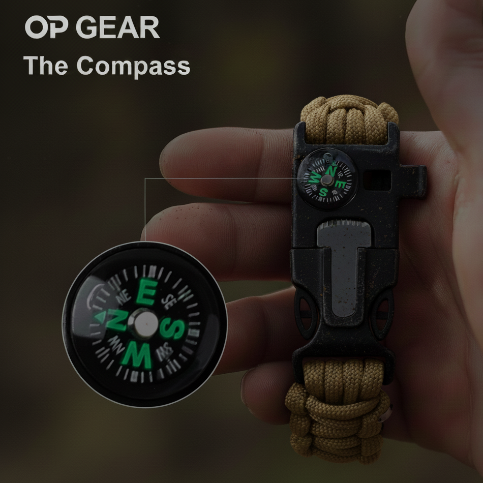 Hand holding a compass with a rope attachment, branded 'OP GEAR'.