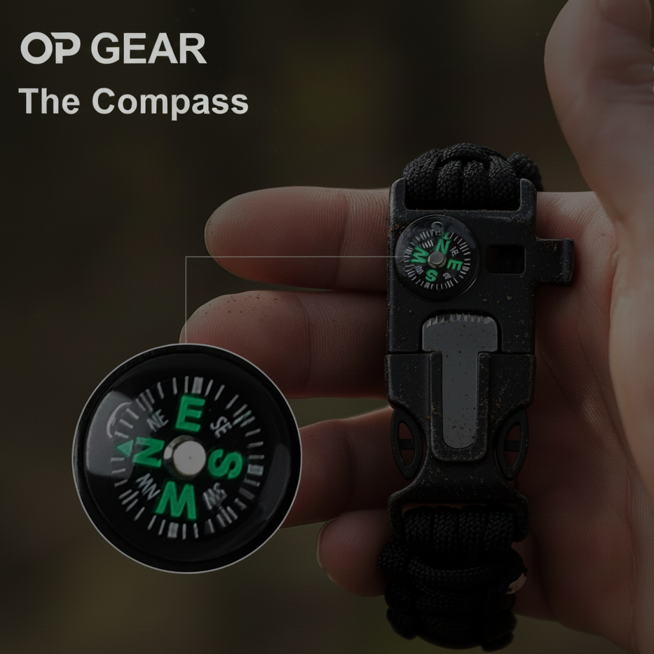 Hand holding a black compass with visible brand 'OP GEAR' on a blurred background