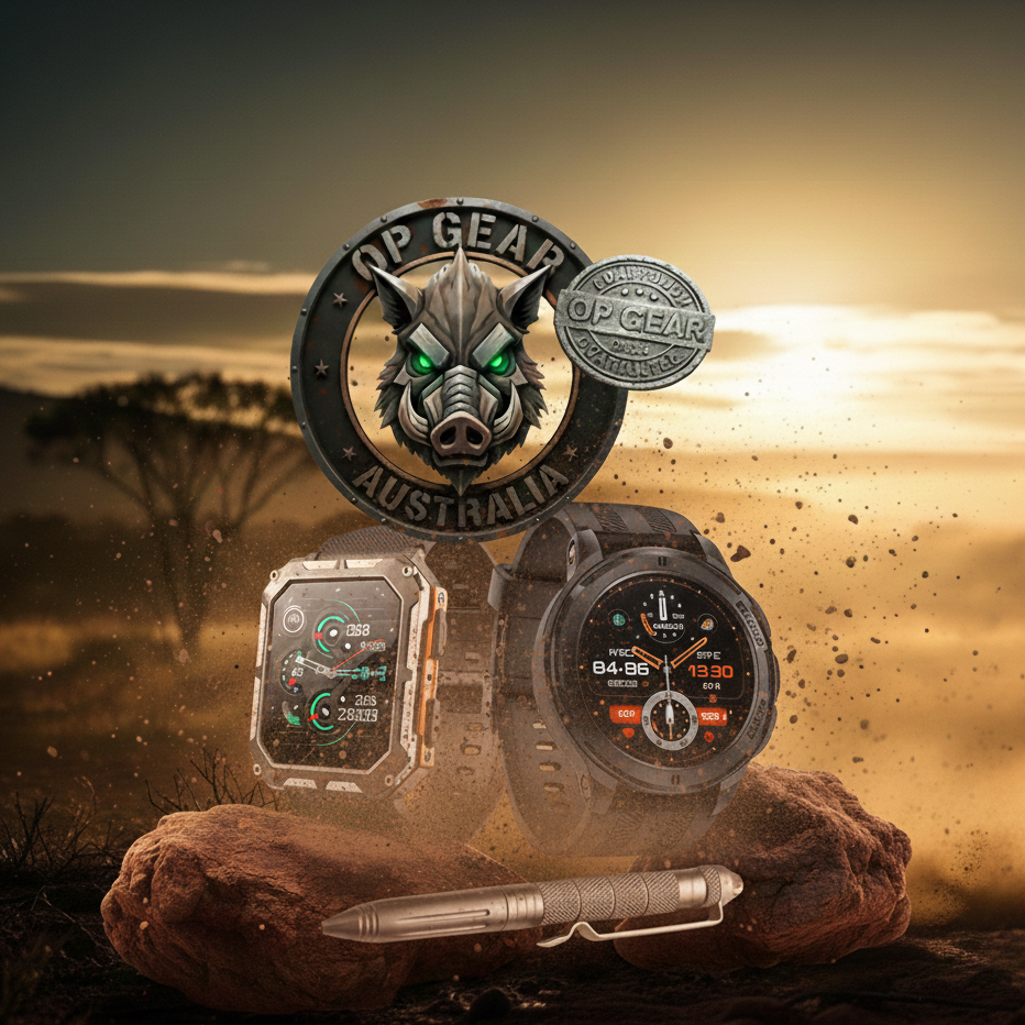 Two watches and a pen on a rock with a sunset landscape and 'Op Gear Australia logo.