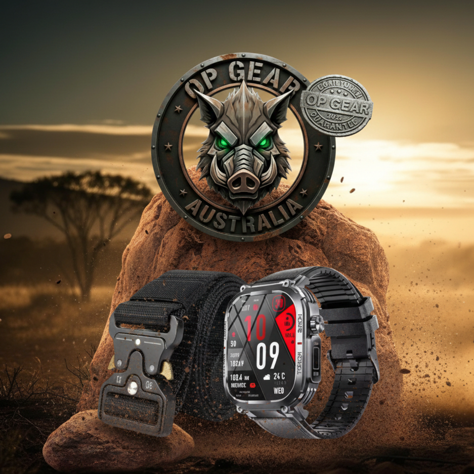 Smartwatch with black strap and red display on a rock with 'Top Gear Australia' logo in the background.