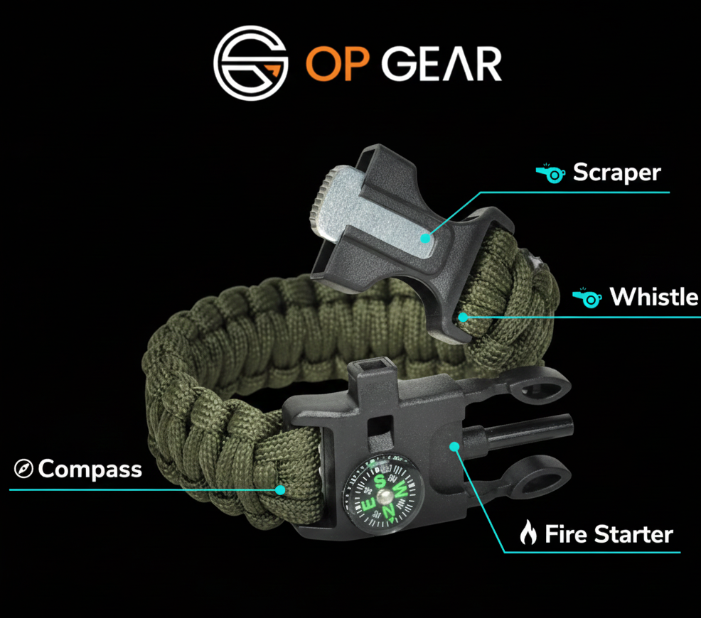 survival bracelet with features labeled on a black background, featuring OP Gear logo.