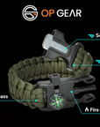 survival bracelet with features labeled on a black background, featuring OP Gear logo.