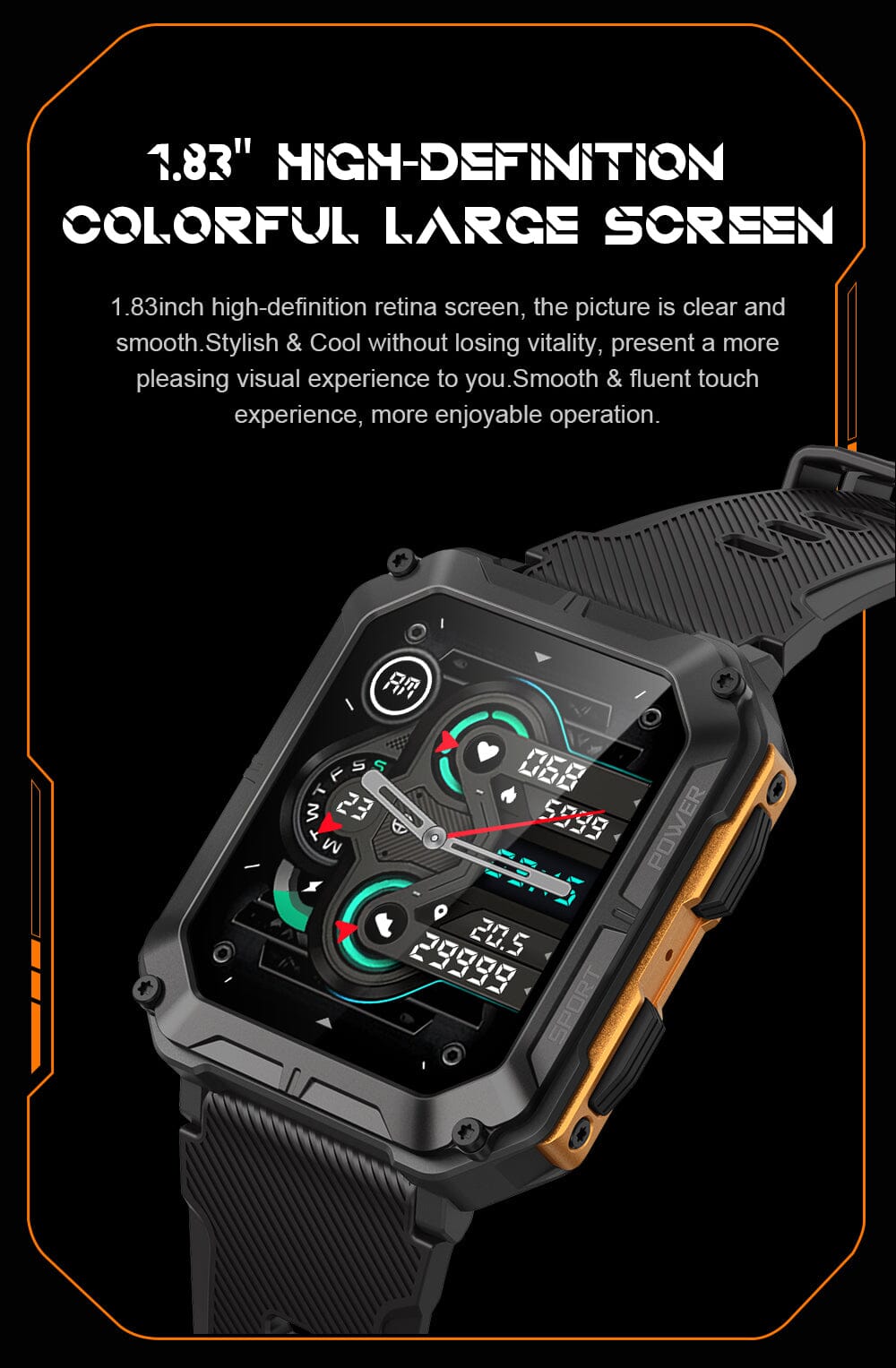 Titan - Smart Watch infograph of watch showing 1.83 inch High Definition colourful large screen