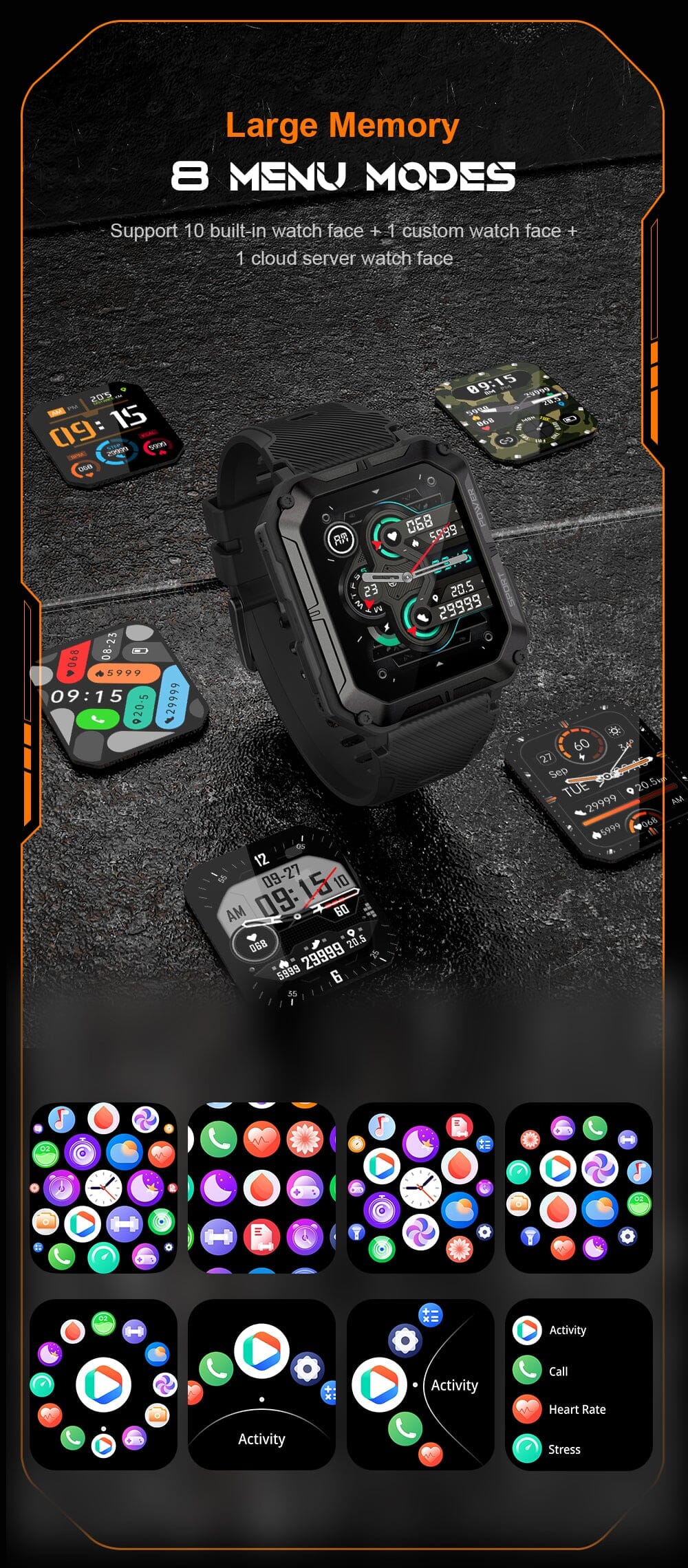 Titan - Smart Watch infograph showing the 8 menu modes on Op Gears Titan watch 