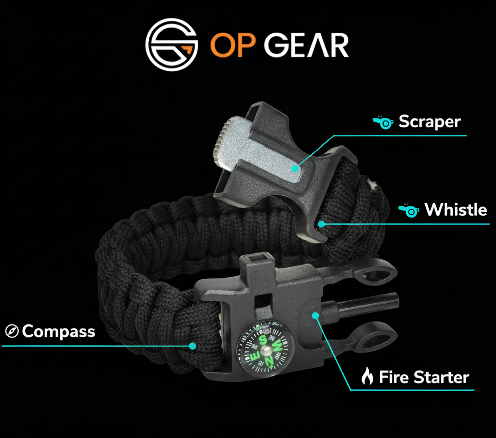OP Gear multi-tool bracelet with features highlighted on a black background