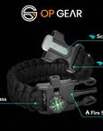 OP Gear multi-tool bracelet with features highlighted on a black background