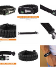 Black paracord bracelets with various features on a white background